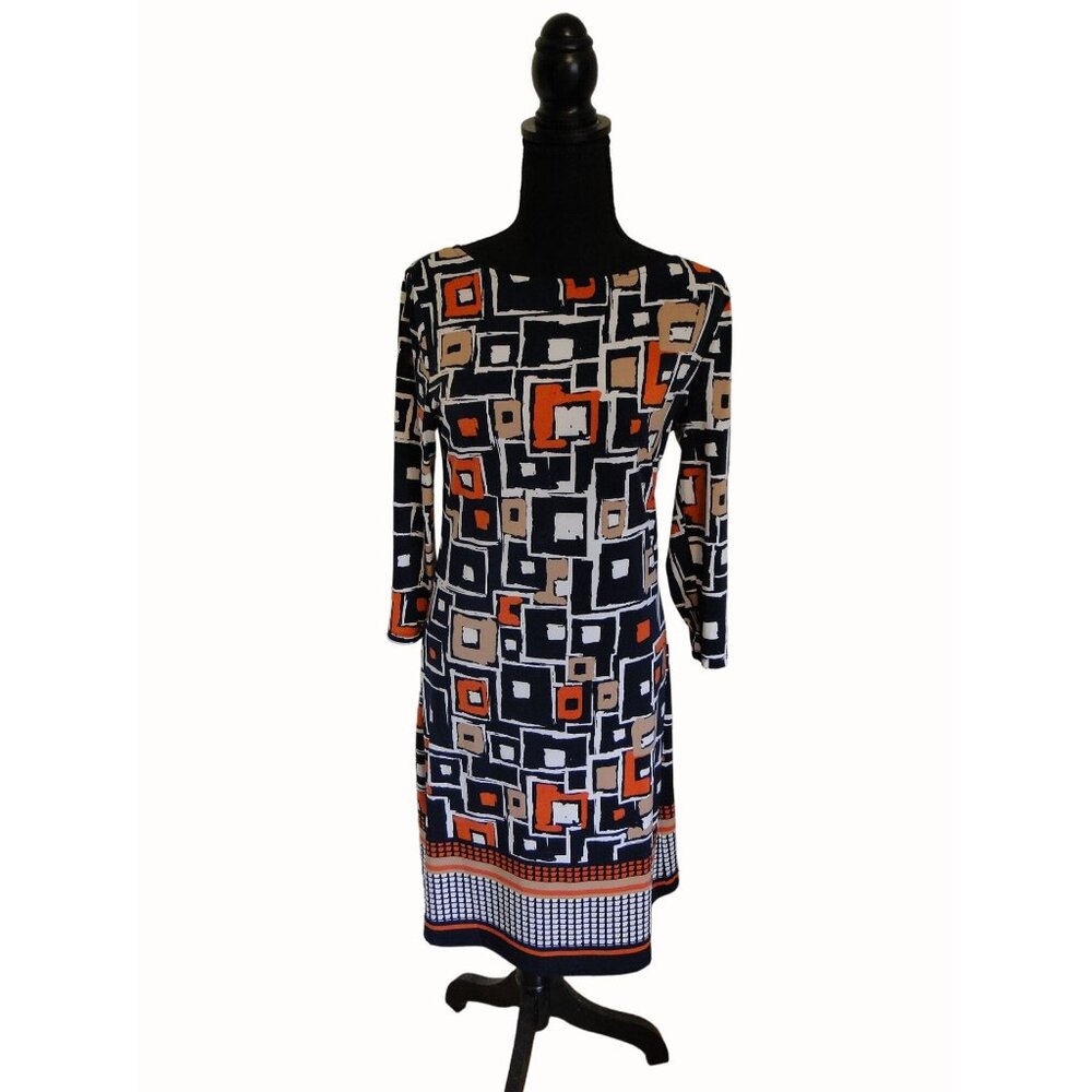 Tacera Womens Dress Mixed Geometric Design in Navy Orange Tan 3/4 Sleeve Size S - Picture 10 of 13